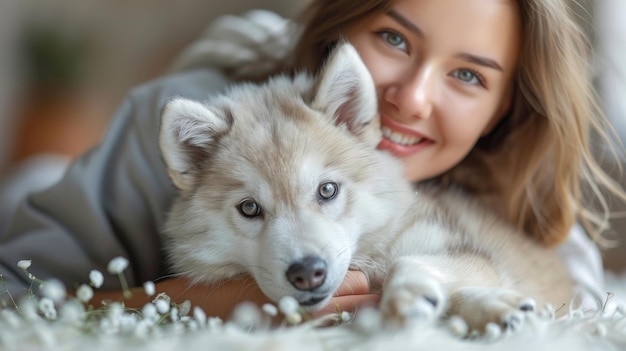 사진 일본 여성과 그녀의 아름다운 개 색 shiba inu 또는 호카이도 inu 여성이 정원에서 shiba inu  강아지와 놀고 있습니다.