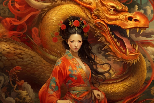 Japanese woman dragon style background Beautiful illustration picture Generative AI