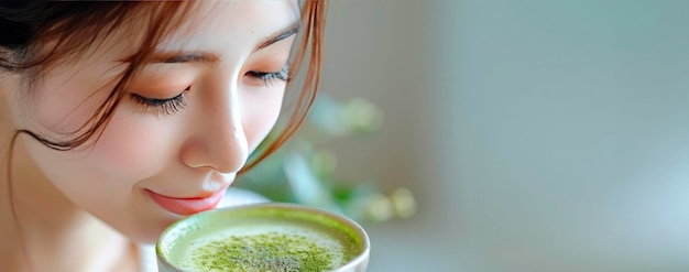 Japanese woman drinking matcha tea from a cup green coffee in the morning vegan food