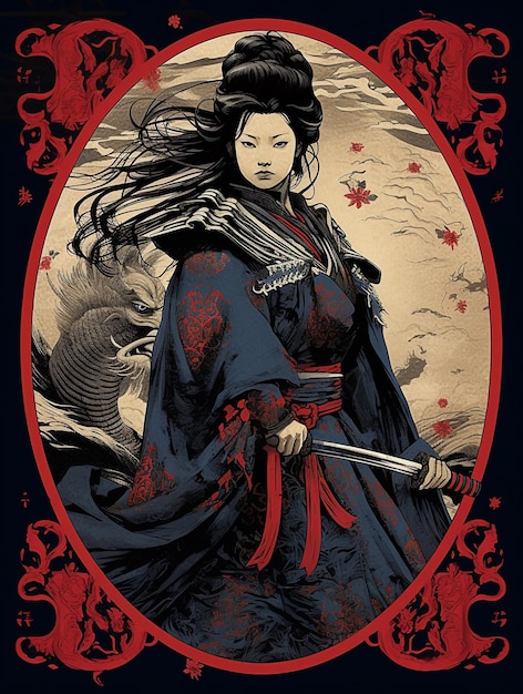 Японская женщина гейша самурай Иллюстрация сгенерирована AI