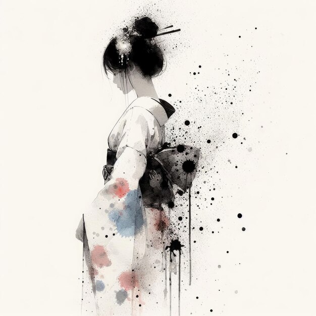 Japanese woman in kimono dress in splash ink painting with Generative AI