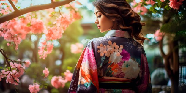 Foto donna giapponese in kimono circondata da un giardino tranquillo che incarna l'armonia della natura generative ai