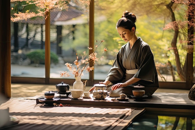 Foto donna giapponese in kimono e cerimonia del tè in un giardino giapponese ai generato