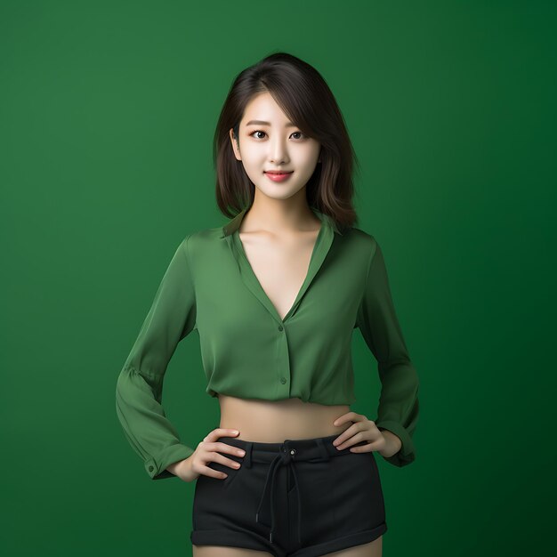 Japanese woman posing on a green background