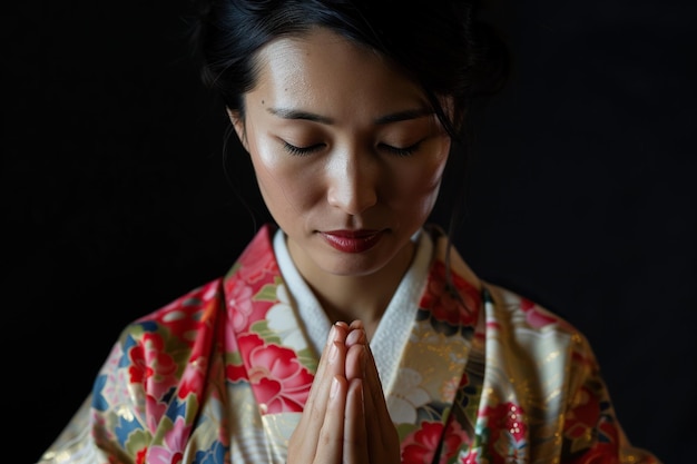 Japanese woman prays to god on black studio background