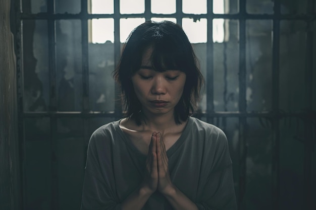 사진 일본 여성이 어두운 감옥에서 하나님께 기도합니다. 영화적 효과
