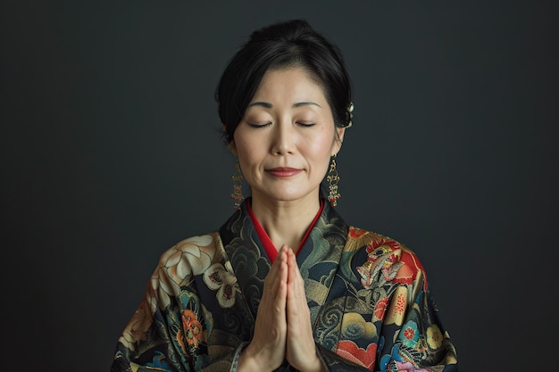 写真 日本人の女性が黒いスタジオの背景で神に祈っています