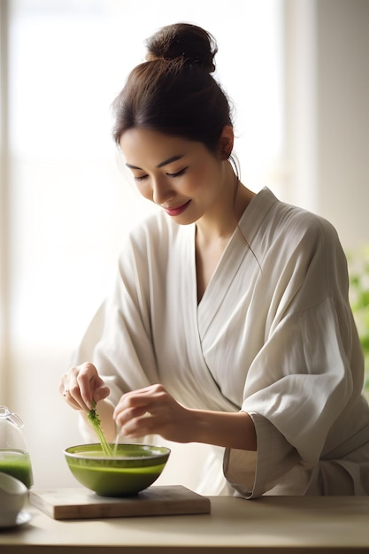 写真 日本人女性がマッチャ茶を準備している