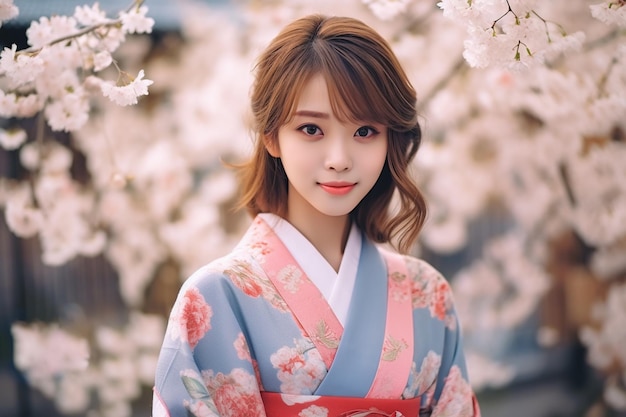 Japanese woman wearing yukata smiling in park