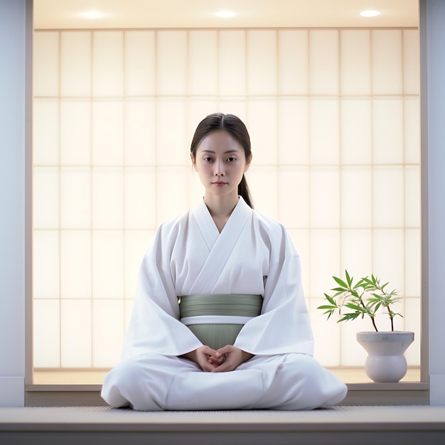 Photo japanese woman in white bathrobe sitting