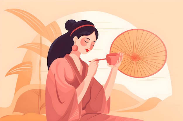お茶を片手に持つ日本人女性