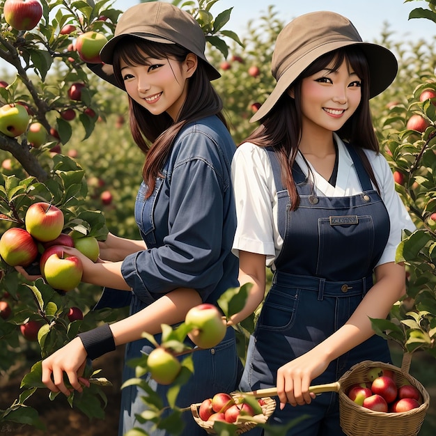 Японские женщины собирают фрукты.