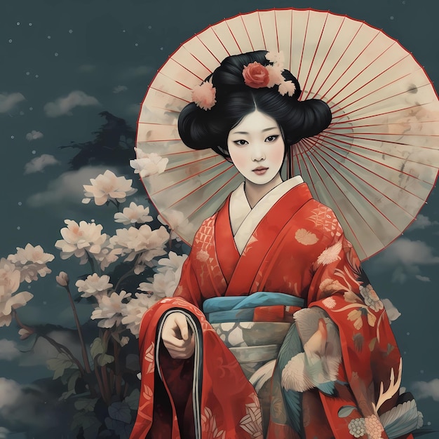 キモノを着て傘をかぶった日本の女性 赤い傘をかばったヴィンテージ・ゲイシャ