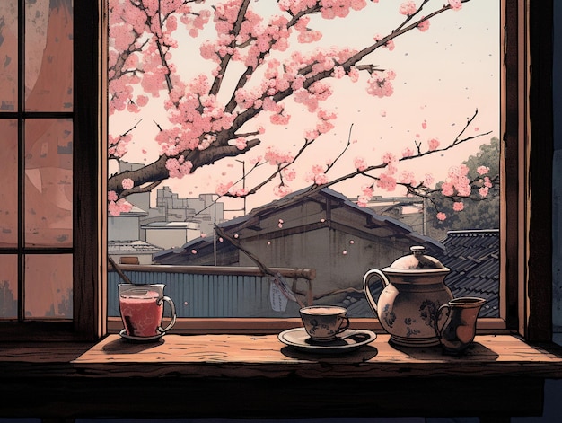 A Japanese woodcut of a scene at a window drinking tea with cherry trees in the background