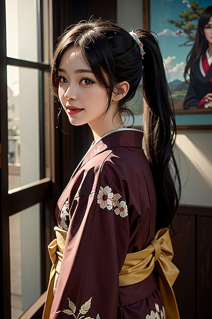 아름다운 기모노 절묘한 아름다움 바탕 화면 배경을 입고 일본의 젊은 아름다운 소녀 모델