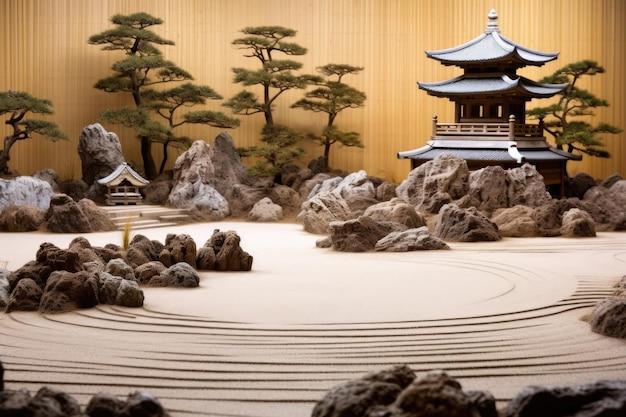 Japanese zen garden with sand patterns and rocks created with generative ai