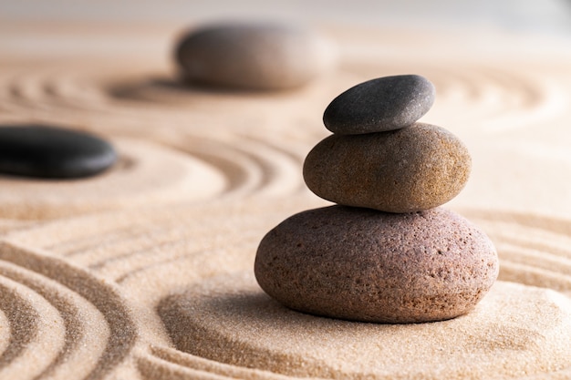 Japanese zen garden with stone in raked sand