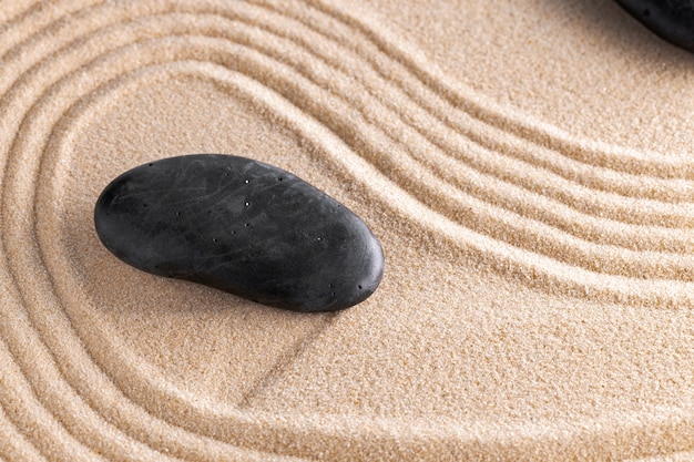 Japanese zen garden with stone in raked sand