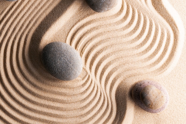 Japanese zen garden with stone in raked sand