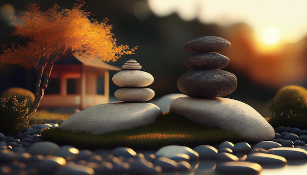 Japanese zen garden with two stacks of pebbles in the evening sun with Generative AI Technology