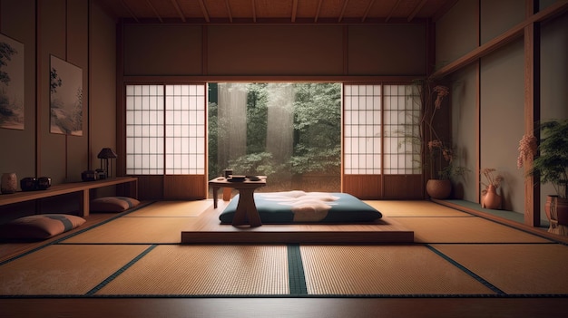 Japanese Zen meditation room with tatami mats creates a peaceful and harmonious environment for meditation and contemplation Generated by AI