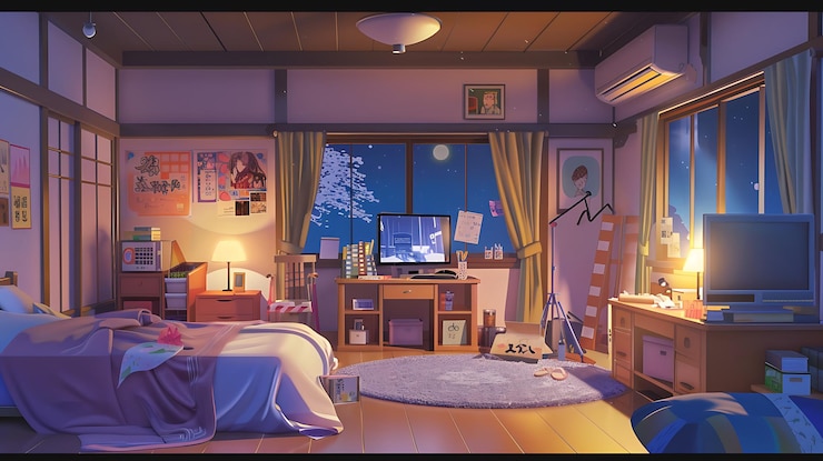 Photo japanesestyle bedroom with a view of the moonlit night sky