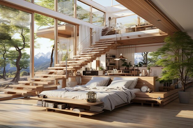 Photo japanesestyle modern home with an emphasis on a multifunctional space showcasing a room that transforms from a living area into a bedroom using traditional futon beddinggenerated with ai