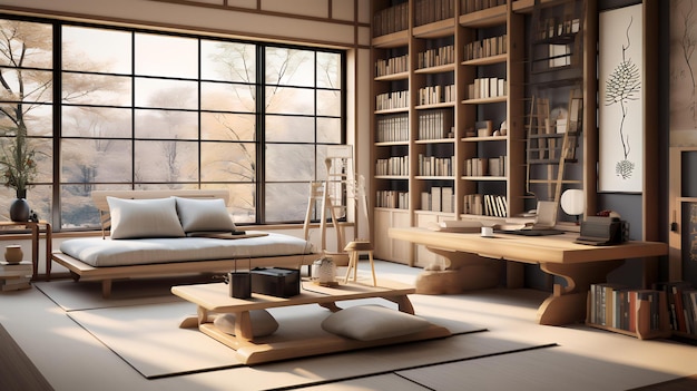 A Japanesestyle study room with a low desk floor