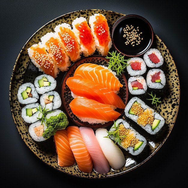 Japanize food fish sushi salmon rice modern food caviar flowers decoration maki