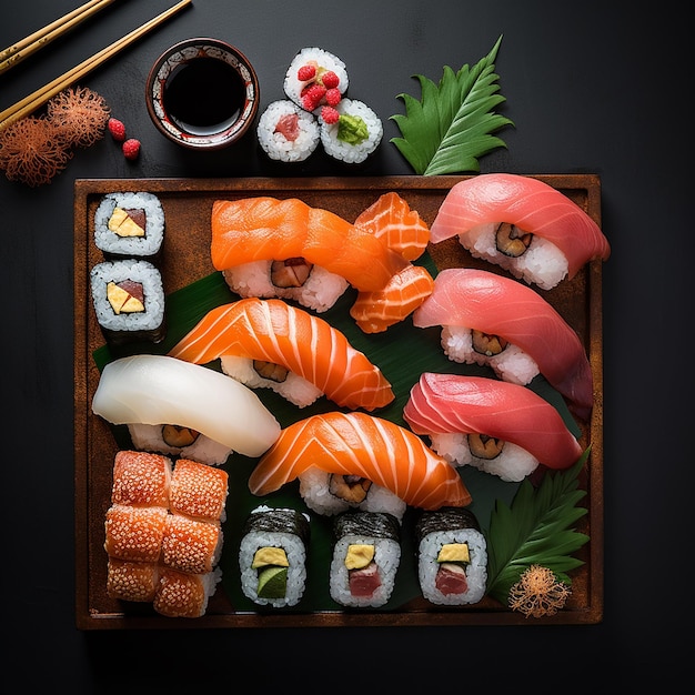 Japanize food fish sushi salmon rice modern food caviar flowers decoration maki