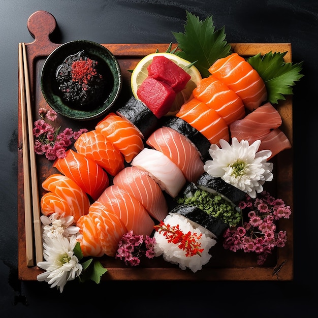 Japanize food fish sushi salmon rice modern food caviar flowers decoration maki