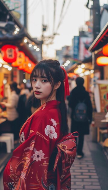 Photo japannese girl with traditional kimono dress walking in old market this image can use for travel tokyo kyoto and japan concept