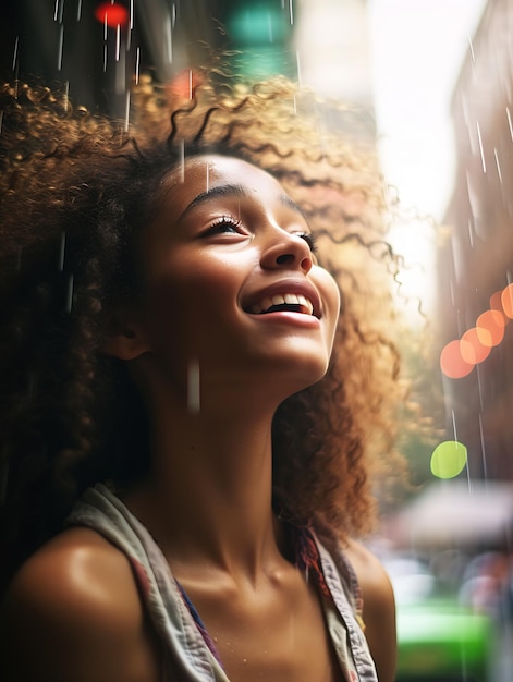 japans close-up vrouw die lacht regen focus meisje model positieve energie natuurlijk haar badend licht zelf