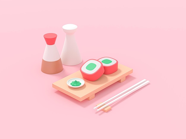 Japans eten op een roze achtergrond 3d render illustratie