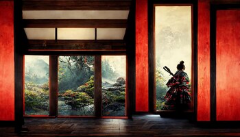 Japans huis in samurai met katana kimono 8k realistisch