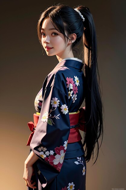 Japans jong mooi meisjesmodel dat mooie kimono uitstekende schoonheidsbehangachtergrond draagt