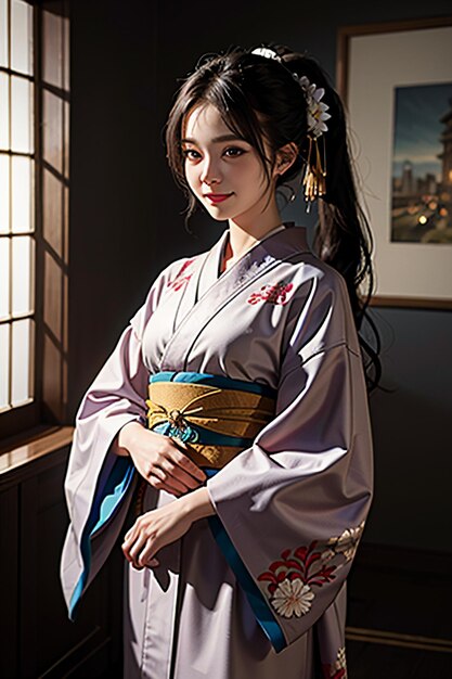 Japans jong mooi meisjesmodel dat mooie kimono uitstekende schoonheidsbehangachtergrond draagt