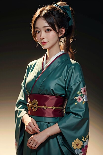 Japans jong mooi meisjesmodel dat mooie kimono uitstekende schoonheidsbehangachtergrond draagt