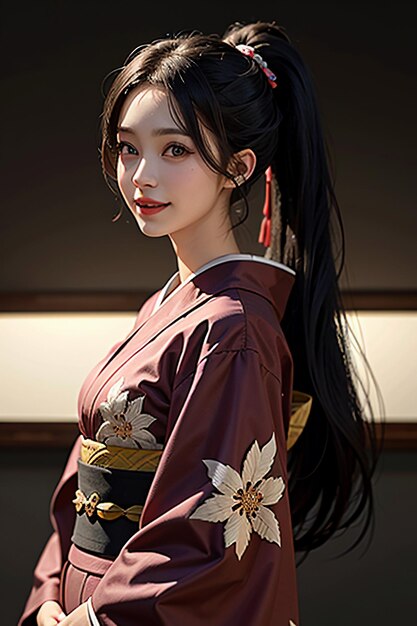 Japans jong mooi meisjesmodel dat mooie kimono uitstekende schoonheidsbehangachtergrond draagt