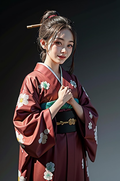 Japans jong mooi meisjesmodel dat mooie kimono uitstekende schoonheidsbehangachtergrond draagt