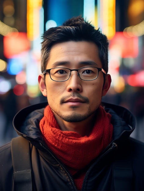 Japans man portret op hedendaagse Times Square in New York reisman met landschapsreizen