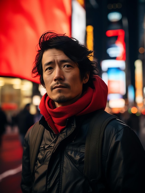 Japans man portret op hedendaagse Times Square in New York reisman met landschapsreizen