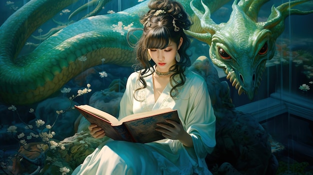 Japans meisje zit met een draak in het bos sprookjeskunstwerk aquarel illustratie
