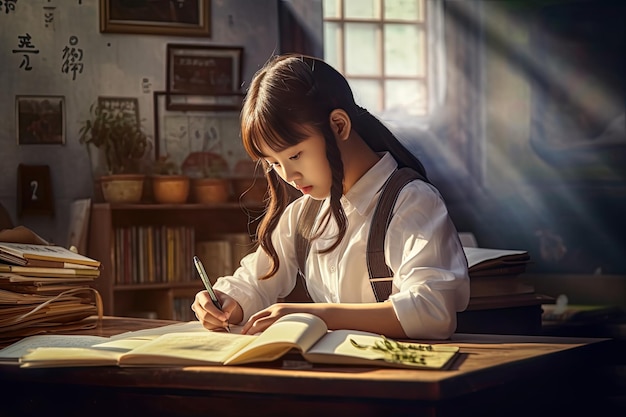 Japans middelbare schoolmeisje studeert online in de woonkamer