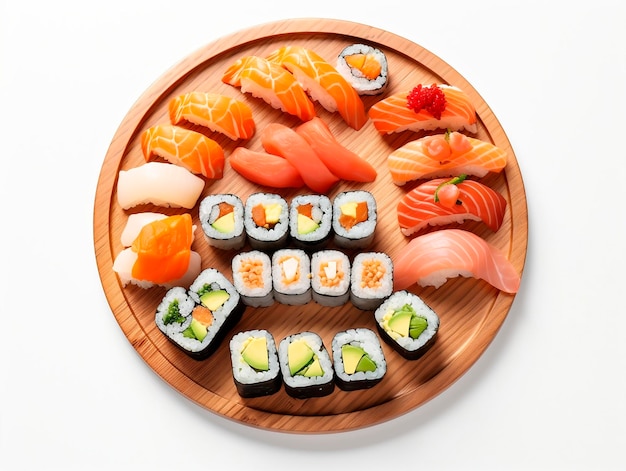 Japans restaurant Sushi op een houten bord geïsoleerd op een witte achtergrond