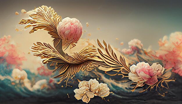 Japanse achtergrond met bloemen gouden textuur 3d illustration