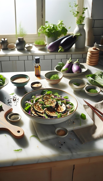 Japanse aubergine salade met miso op marmeren toonbank