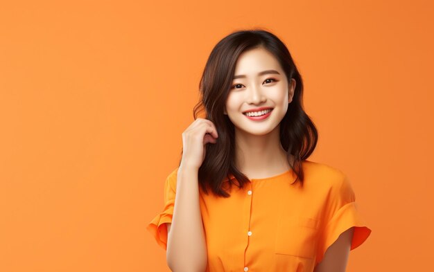 Japanse Aziatische vrouw straalt vreugde uit tegen een oranje achtergrond