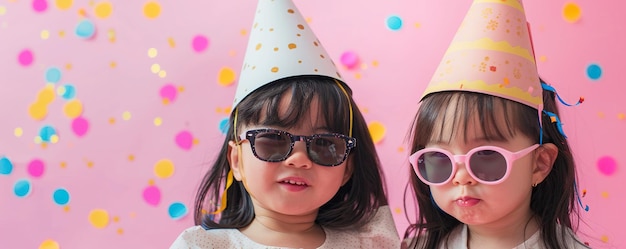 Japanse baby meisjes met feest hoed en zonnebril op roze achtergrond met confetti