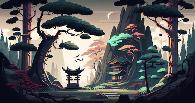 Japanse bos 2D-achtergrondomgeving voor een mobiel spel Een horizontaal achtergrondlandschap van hoge kwaliteit Gaming sjabloon ontwerplocatie Generatieve ai